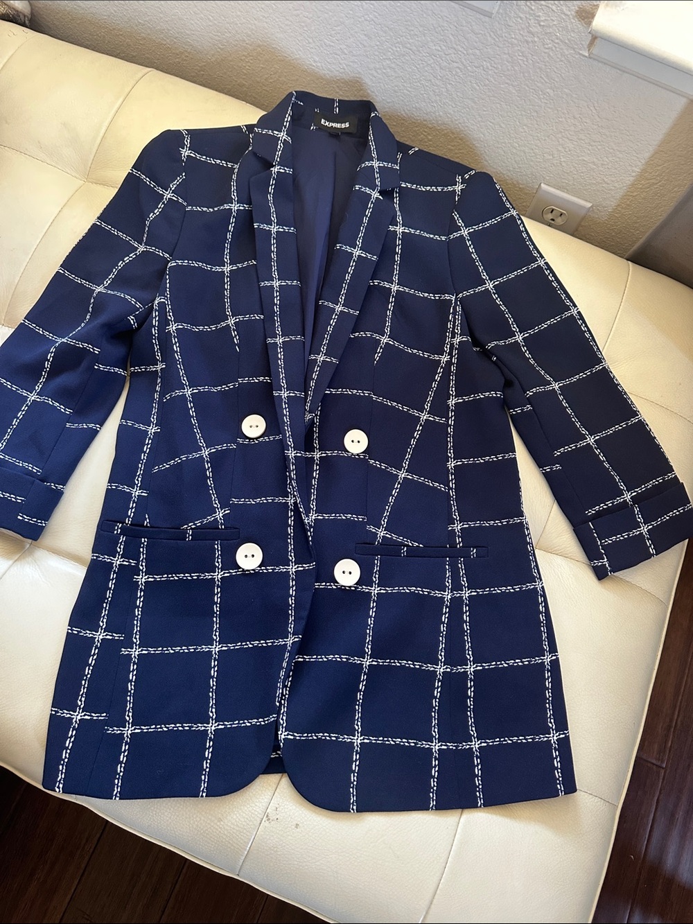 Express Navy Windowpane Double-Breasted Blazer with White Buttons